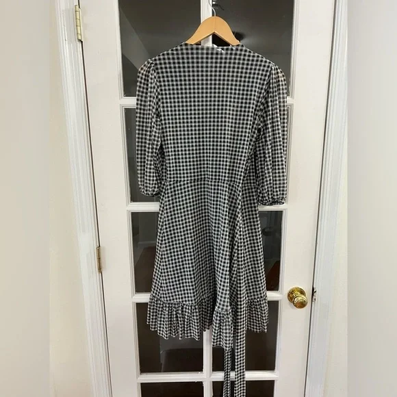 GANNI Gingham Ruffled Mesh Mini Dress In Black - Size 34 US 2 - Picture 4 of 9